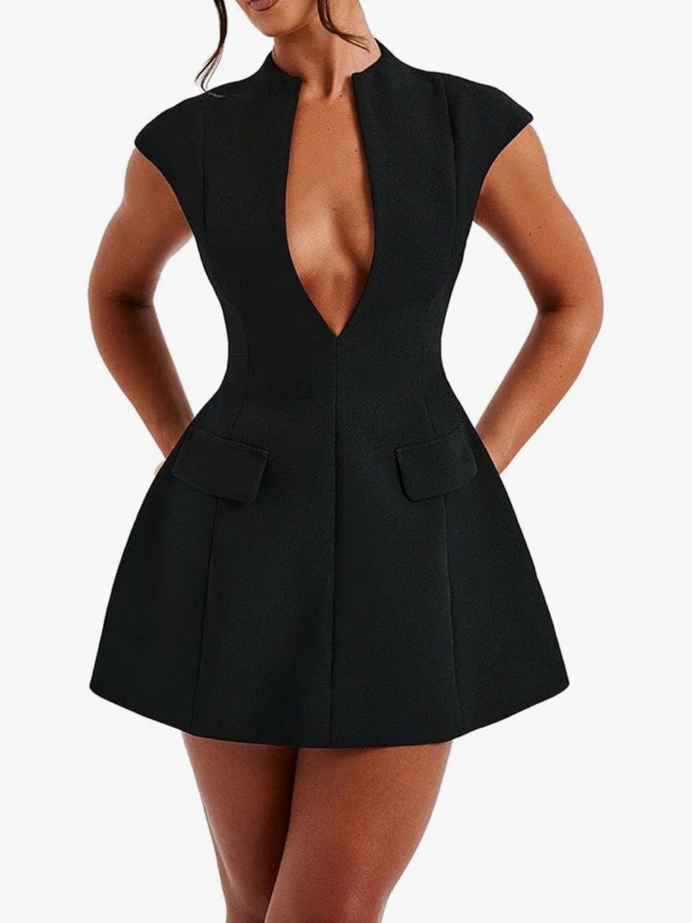 Amazon Black Deep Plunge Fit-and-Flare Mini Dress nwot - Picture 1 of 3